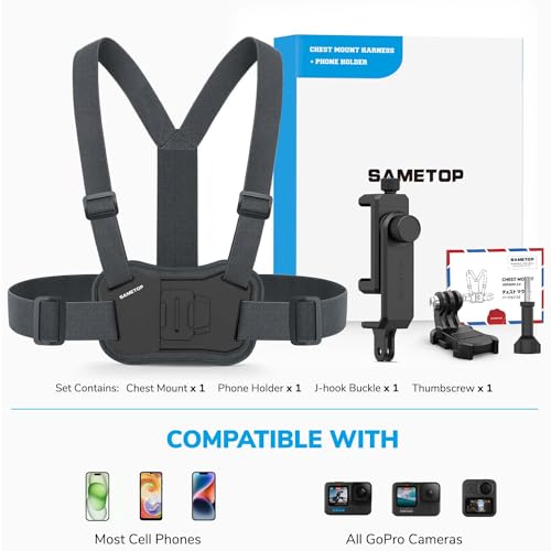 Sametop Phone Chest Mount Harness Holder Mobile Phone Strap Clip Compatible with iPhone Samsung GoPro 12/11/10/9/8 DJI Osmo and Most Cell Phones Action Cameras POV/VLOG