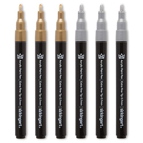KINGART 453-6B PRO Extra Fine Pt. Metallic Gold & Silver Paint Pens, 0.7mm Tip, 6 Acrylic Paint Markers, Low-Odor & Quick Drying for Rock, Wood, Metal, Plastic, Glass, Ceramic & More, Set of 6
