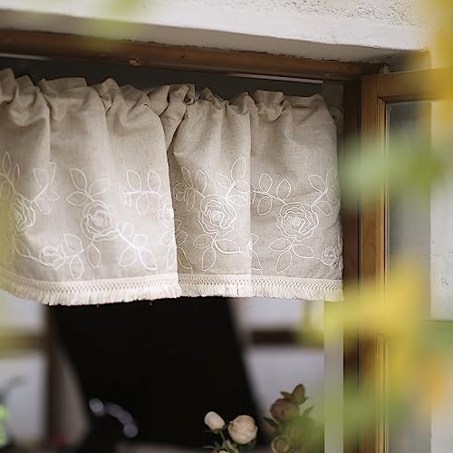 SUTAVIA Kitchen Window Valances Linen Fabric with Cotton Embroidery Floral Pattern Lace Rod Pocket Window Curtain Topper Roral Rustic Home Decor for Living Room