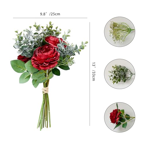 Mandy's 9pcs Burgundy Artificial Silk Fake Fall Flowers Arrangements Peony Bouquet for Mother's Day Easter Wedding Bridal Shower Centerpieces Party Home Decor