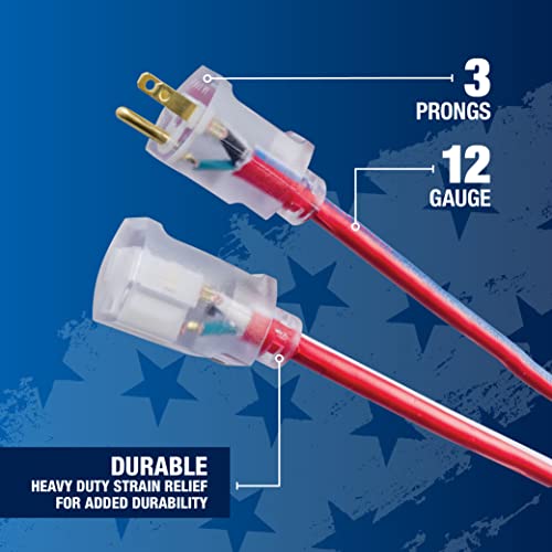 Southwire Heavy Duty Extension Cord, 50Ft, 12 Gauge, 3 Conductor, Outdoor Cord, Lighted End, SJTW, Red/White/Blue, 2548SWUSA1