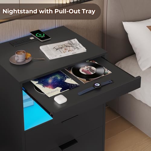 ADORNEVE LED Nightstand Black Nightstand with Wireless Charging Station 2 Drawers, Modern Bedroom End Side Table with LED Lights, Wooden Sofa Bedside Table with Pull-Out Shelf