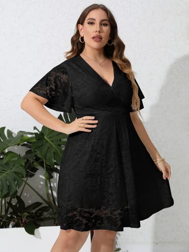 SCOMCHIC Women Plus Size Lace Cocktail Dresses Faux Wrap V Neck Short Sleeve Flowy A Line Wedding Guest Midi Dress Navy