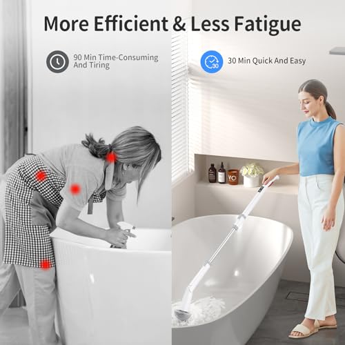 GROMCLIP Electric Spin Scrubber, Electric Shower Scrubber with Long Handle Adjustable, 8 Replaceable Heads and Battery Display, 2 Speeds Electric Spin Brush for Cleaning Bathroom Tub Floor Tile Basin