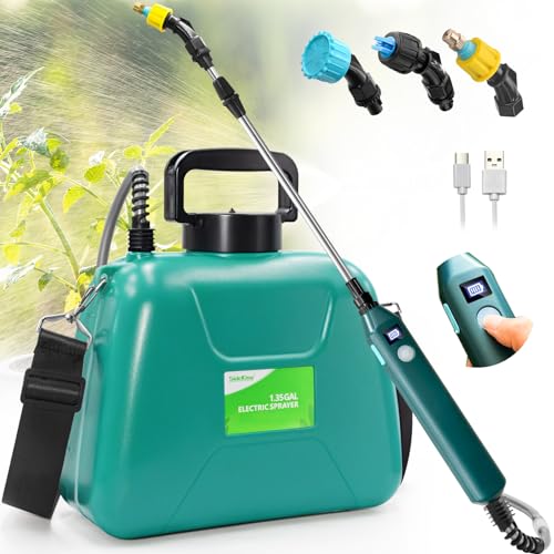 SideKing 1.35 Gallon/5L Battery Powered Sprayer, Electric Sprayer with USB Rechargeable Handle, Battery Indicator, Garden Sprayer with Telescopic Wand, 3 Nozzles, Adjustable Shoulder Strap (Blue)