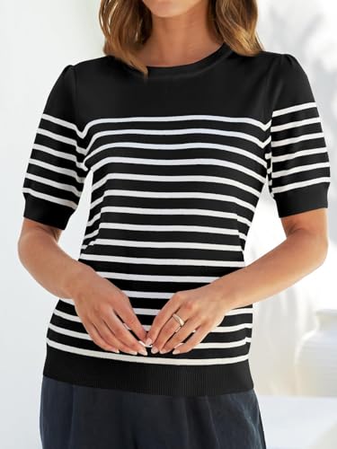 ZESICA Women's Casual Striped Tops Short Sleeve Crew Neck Ribbed Knit T Shirts Comfy Loose Basic Pullover Sweater,Black,Small
