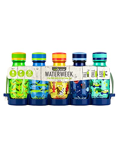 REDUCE WaterWeek Refillable Water Bottles, 14 oz - Includes 5 WaterWeek Leak Proof Tritan Reusable Water Bottles - Includes Fridge Tray - Berry Fun