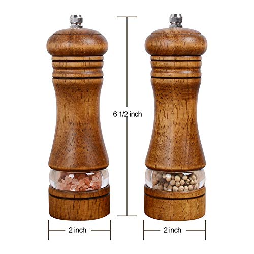 Haomacro Wood Salt and Pepper Grinder Set, Manual Mills with Acrylic Window, Adjustable Ceramic Grinding - 6.5inch, 2 Pack