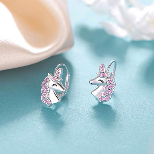 925 Sterling Silver Magical Unicorn Earrings Pink Unicorn Drop Dangle Leverback Earrings for Women Daughter Gift