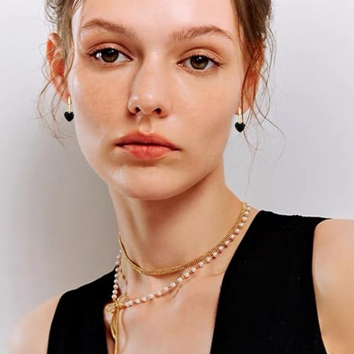 KVANU Personalized Exquisite Heart-Shaped Double-Sided Three-Dimensional Alloy Enamel Huggie Earrings Multi Color Retro Love Heart Huggie Earrings for Women Jewelry Gifts (Black)