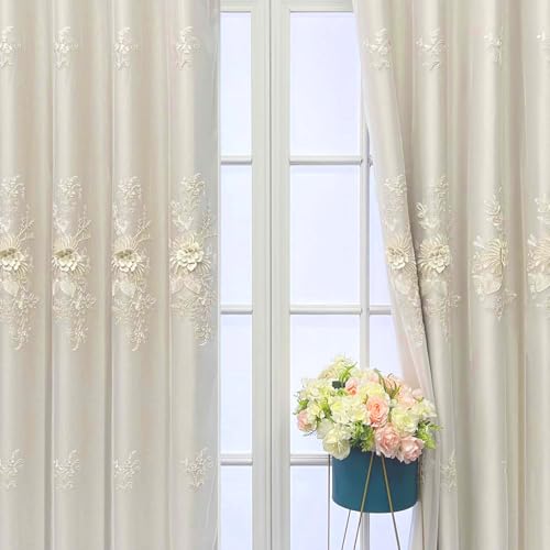 European Beige Double Layer Blackout Curtain for Bedroom Living Room Grommet Top Elegant Floral Beaded Embroidery Sheer Voile Plus Thick Shading Thermal Insulated Cloth Curtains 1PC W50 L84 inch