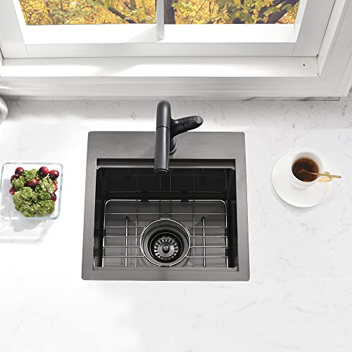 15 Inch Black Drop In Bar Sink Workstation-Bokaiya 15x15 Bar Sink Drop In Small Wet Bar Outdoor Rv Sink 16 Gauge Black Stainless Steel Single Bowl Kitchen Sink with Cutting Board