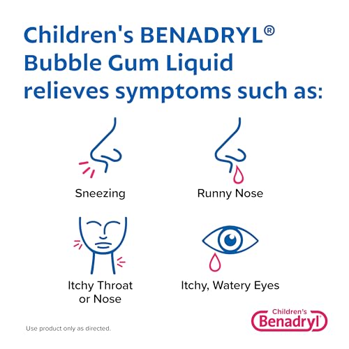 Benadryl Children's Dye-Free Allergy Liquid Medication with Diphenhydramine HCl, Antihistamine Allergy Relief Medication for Kids, Alcohol-Free, Bubble Gum Flavor, 4 fl. oz