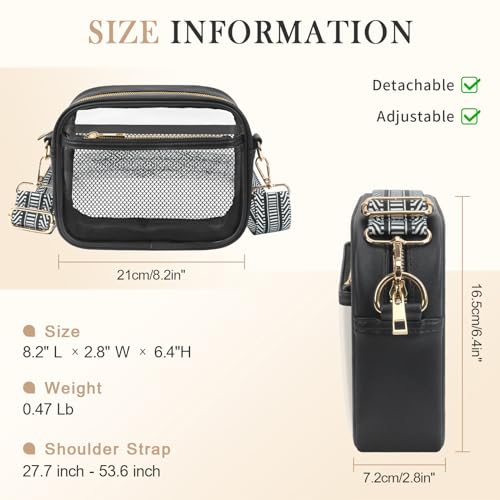 MOMSIV Clear Bag for Stadium Events, Clear Crossbody Bag with Front Pocket & Mesh Pocket Clear Purse Bag for Concerts Sports Festivals Black