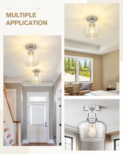 Emak Modern 8 Inch Ceiling Light Fixtures, Brushed Nickel Semi Flush Mount Ceiling Light with Seeded Glass Shade, Flush Mount Light Fixture for Bathroom, Bedroom, Kitchen, Hallway, FM122-BN-SG