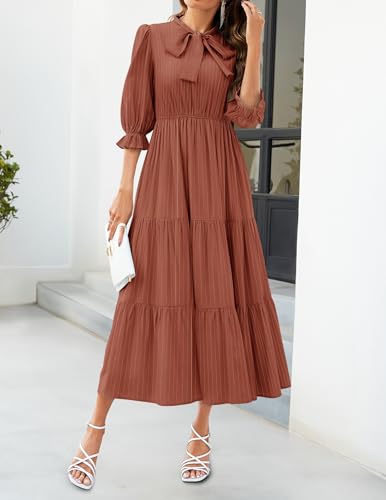 ZESICA Women's Casual Half Sleeve Tie V Neck Elastic High Waist Solid Color Flowy Tiered A Line Beach Party Maxi Dress,Apricot,Small