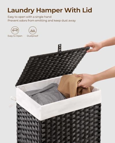 Greenstell Laundry Hamper with Lid, 60L Clothes Hamper with 2 Removable Liner Bags & 2 Mesh Bags, Handwoven Synthetic Rattan Basket, Toys in Bathroom, Bedroom Black
