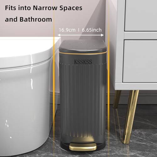 KSSKSS 2.6 Gallon Slim Bathroom Trash Can with Soft Close Lid, 10L Stainless Steel Garbage Can with Removable Liner Bucket, for Narrow Spaces, Bathroom, Bedroom (Matt Black)