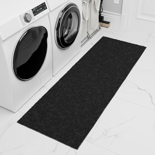 Ottomanson Indoor Solid Shag Design Rubber Back 2x6 Soft Pile Shag Runner Rug for Hallway, Entryway, Kitchen, Living Room, Bedroom, Bathroom, 2' x 6', Black