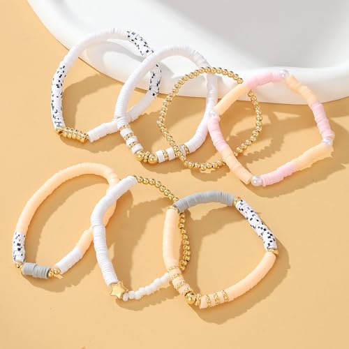 KISS WIFE Surfer Heishi Clay Beaded Bracelets for Women, Summer Beach Jewelry Bohemian Stackable Stretch Friendship Bracelet Set, Trendy Cute Preppy Stuff (9-Apricot Brown Star) (1-Apricot Pink Beads)