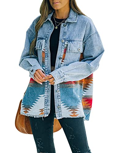 happlan Aztec Shacket Jacket for Women Wool Blend Lapel Button Down Print Shirt Coat (0332-Blue-M)