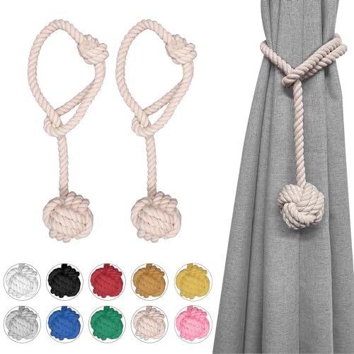 Ushomin Curtain Tiebacks, 2 Packs Curtain Rope Tieback, Heavy Duty Curtain Tie Backs for Curtains, Indoor Outdoor Curtain Tiebacks, Handmade Rural Decorative Tie Knot Curtain Holdbacks (Beige)