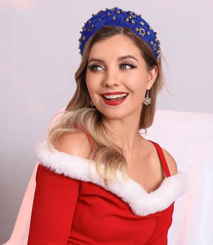 Star Headband for Women Rhinestone Crystal Jeweled Knotted Headband Wide Top Knot Star Of David Hanukkah Headband Fashion Ladies Hanukkah Christmas New Year Party Head Band Hair Accessories Gift
