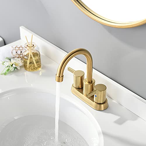 Brushed Gold 4 Inch 2 Handle Centerset Lead-Free Bathroom Faucet, Swivel Spout with Copper Pop Up Drain and 2 Water Supply Lines, BF015-1-BG