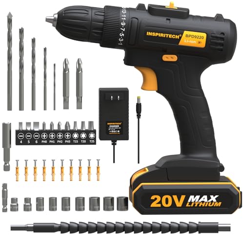 INSPIRITECH 20V Cordless Drill, Power Drill Set with 2 Batteries and Charger,3/8-Inch Chuck Electric Drill Kit with 24-Torque Setting, Drill Driver Bits and Tool Bag Included…