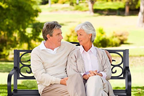 MFSTUDIO 50 Inches Outdoor Garden Bench, Cast Iron Metal Frame Patio Park Bench with Floral Pattern Backrest, Arch Legs for Porch Lawn Garden Yard(Black)