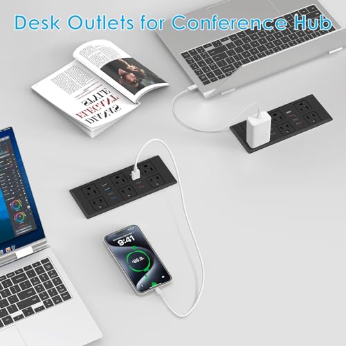 Recessed Power Strip with PD 30W Fast Charging, Conference Desk Flush Mount Outlets Plug in 6 Outlets & 8 USB Ports,3FT Cord Furniture Drawer Outlet Black