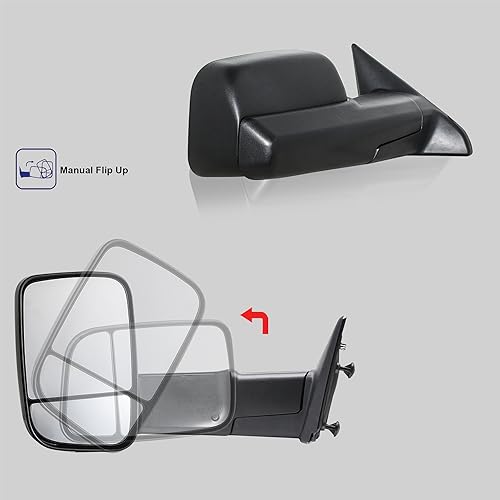 WLLW Towing Mirrors fit for 2009-2018 Dodge Ram 1500 2500 3500 Pickup with Manual Adjust Glass Manual Flip Manual Folding Black Cap