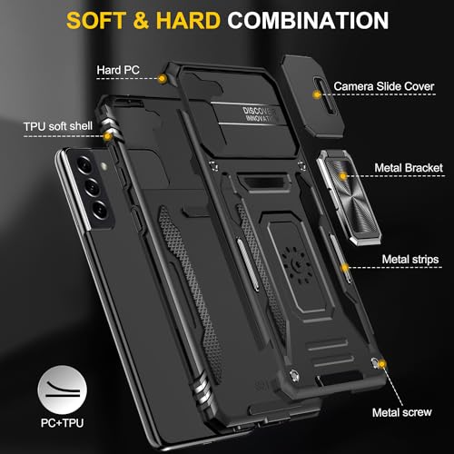 KOBBRAN for Samsung Galaxy S21 Plus Case S21+ Plus Case with Slide Camera Cover Ring Kickstand Military Grade Shockproof Case for Galaxy S21 Plus Phone Case (Black)