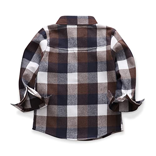 OCHENTA Big Kids Boys' Button Down Flannel Plaid Shirt Boy Long Sleeve Christmas Outfit E003 Coffee 150 7-8 Years