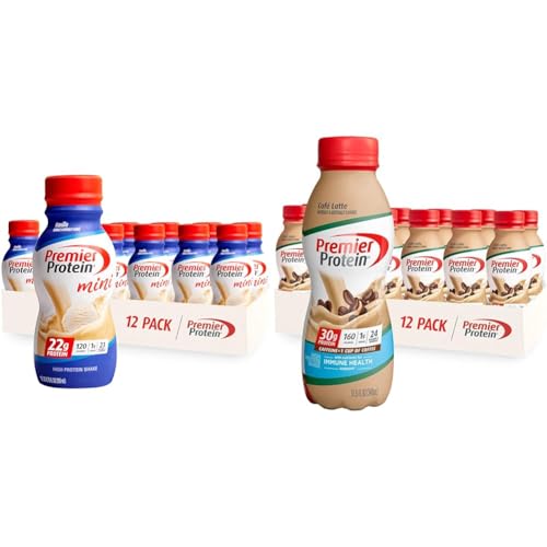 Premier Protein Shake MINIs Vanilla 22g Protein 120 Calories Pack of 12 & Café Latte 30g Protein 160 Calories Nutrients for Immune Health Pack of 12