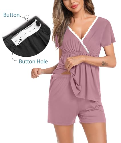 SWOMOG Womens Maternity Nursing Pajamas Set 2PCS Pregnancy Pjs Labor and Delivery Breastfeeding Pajamas After Birth Nursing Pjs Postpartum Lace Sleepwear Short Sleeve Tops & Shorts Black