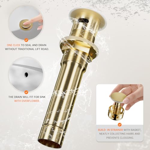 Phiestina Single Handle Waterfall Faucet for Bathroom Sink in Brushed Gold Finish, with 6-Inch Deck Plate,Metal Pop Up Drain Assembly & CUPC Water Supply Lines,NS-SF01-BG