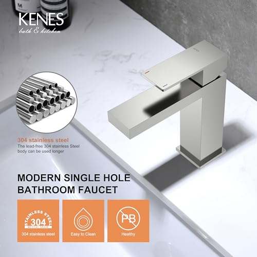 KENES Single Handle Bathroom Sink Faucet, Brushed Nickel Vanity Faucet for Bathroom Sink, with Pop Up Drain Stopper & Water Supply Lines LJ-9031