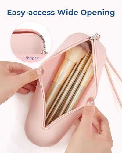 BAGSMART Makeup Brush Holder Bag Travel with Metal Zipper Closure, Travel Make Up Brush Case Cosmetic Bag, Silicone Soft Portable Face Brushes Travel Essentials Organizer Holder, Light Khaki