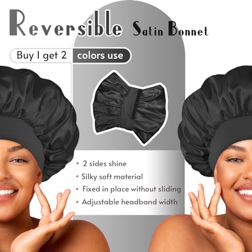 BONNET QUEEN Silk Bonnet for Sleeping for Women Satin Bonnet Double Layer Reversible in 2 Color Adjustable Hair Bonnet Satin Lined Night Sleep Cap for Curly Hair,Black