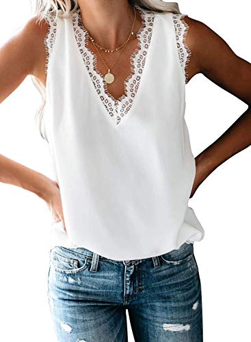 VIISHOW Womens Tops Chiffon Blouse V Neck Lace Trim Tank Tops Casual Loose Sleeveless Shirts, Green Red Flowers, Small