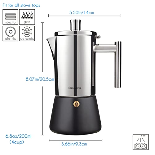 Easyworkz Diego Stovetop Espresso Maker Stainless Steel Italian Coffee Machine Maker 4Cup 6.8 oz Induction Moka Pot