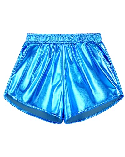 KEREDA Girls Metallic Shorts Sparkly Dance Outfits Shiny Costume for Girls 6-7Y Blue