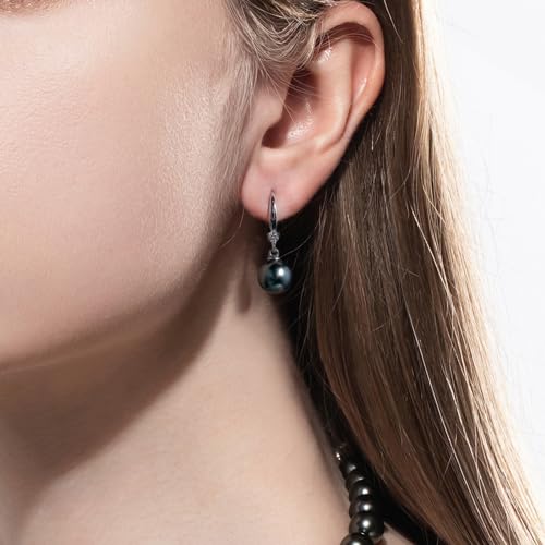 Mihiarii Tahitian Black Pearl 9MM Dangle Earrings Sterling Silver Moissanite Birthday Anniversary Mothers Day Valentines Day Christmas Gifts for Mom Her Women