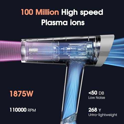 Hair Dryer, Fentgo High Speed Ionic Hair Dryer with Diffuser, Professional Blow Dryer 110,000 RPM AC Motor for Fasting Drying 1875W Thermo-Control Lightweight Hair Dryer for Women Men