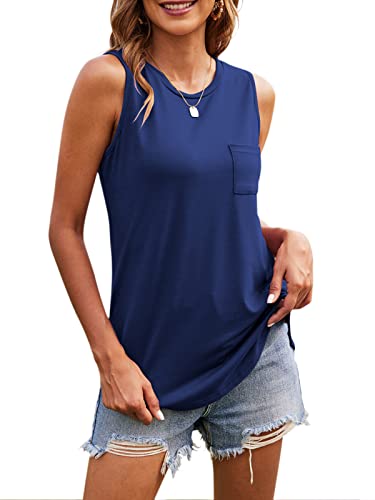 Hount Women's High Neck Tank Tops Summer Sleeveless T Shirts Loose Fit with Pockets (Pink, L)