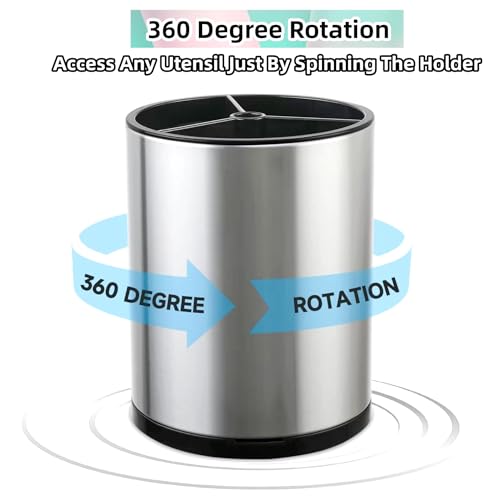 LIBODOUR Kitchen Utensil Holder Extra Large 360° Rotating For Counter Organizer Stainless Steel Storage Cooking Silverware Caddy Flatware 3 Compartment Flatware Spoon Spatula Lazy Susan(Black)