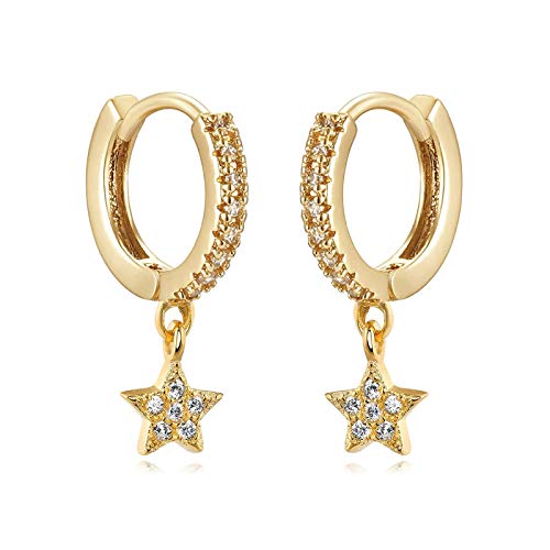 14K Gold Plated Small Hoop Earrings Sparkling CZ Charm Star Pendant Hoops Ear Jewelry for Women