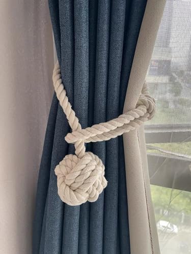 Ushomin Curtain Tiebacks, 2 Packs Curtain Rope Tieback, Heavy Duty Curtain Tie Backs for Curtains, Indoor Outdoor Curtain Tiebacks, Handmade Rural Decorative Tie Knot Curtain Holdbacks (Beige)
