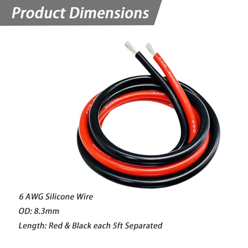 Dastard 6 Gauge Wire, Extra Flexible Silicone Insulated 6 AWG Stranded Tinned Copper Wire 10ft【Red and Black Each 5ft Separated】 High Temperature 6AWG Battery Wire 200℃ 600V - Inverter, Car, Auto